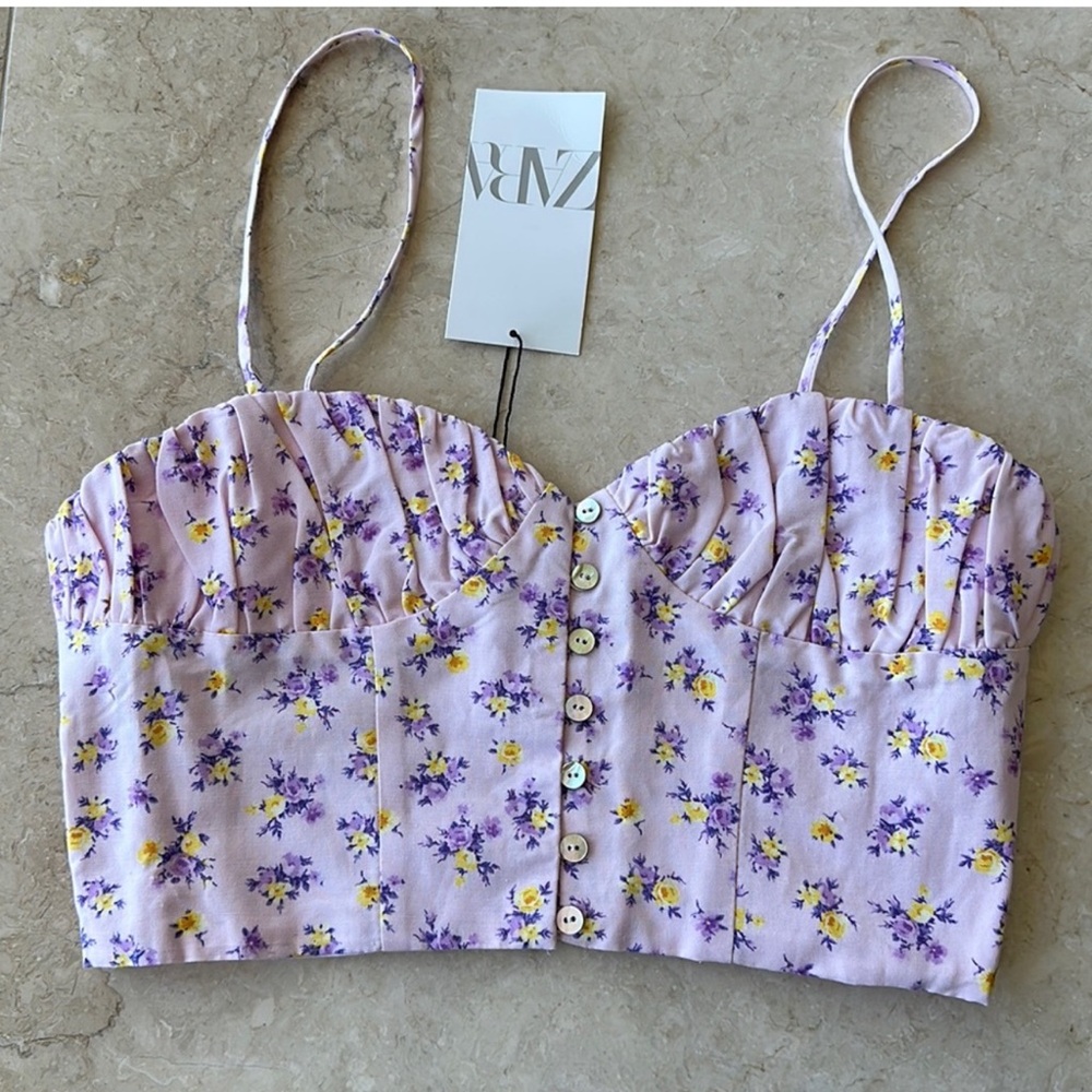 ZARA Floral Bustier Top (small, pink/purple)